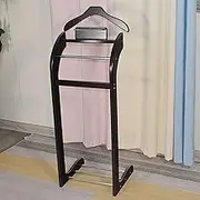 Floor Clothes Hanger - Solid Wood Valet Stand/Mens Suit Rack/Standing Coat & Pants Hanger - with Contour Hanger, Top Tray, Trouser Bar, Tie & Belt Hooks and Shoe Rack(Black)