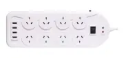 Powertran 4 USB Ports with 8 Way Mains Power Board 1.5m Cable White