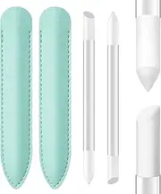 Diodiva 2 Pcs Glass Cuticle Pusher with Leather Case, Glass Cuticle Stick Fingertip Precision Filing Cuticle Remover Etched Dual-Ended Manicure Stick, Green