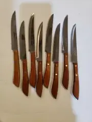 Set Of (8) 4.75” Blade Wood Handle REGENT SHERWOOD Serrated Steak Knife Japan