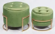 Premium set of 2 round nesting ottomans pickle green velvet