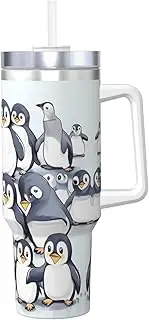 SDEGTHO Many Cute Baby Penguins Sketch 40 Oz Ice Bully With Handle And Straw Made Of Stainless Steel, Double Wall Insulated With Lid