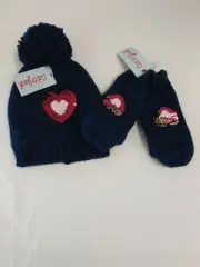 Cat & Jack Navy Blue/Black Knit Hat W/Flip Sequins Heart & Matching Mittens OSFM