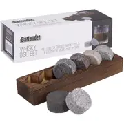 6pc Bartender Granite Whisky Disc Reusable Ice Cube Rocks Set w/ Wood Base Tray