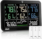 OBET Weather Station Wireless Indoor Outdoor Thermometer with 3 Sensors, Temperature Humidity Monitor with Alerts 500ft Range and 3 Adjustable Brightness