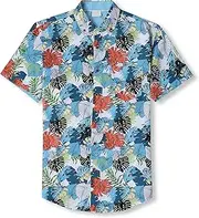 [Hat and Beyond] Mens Casual Hawaiian Flower Beach Pattern Vacation Button Up Bohemian Dry Fit Bowling Shirts (Medium, 1vw7006_White/SkyBlue/Plants)