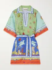 [ALÉMAIS] ALÉMAIS - + Sam Pauletto Surrealist Summer Belted Printed Linen Mini Dress - Light blue - UK 10 UK 10 Blue