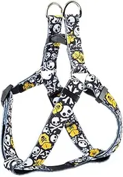 Skull & Crossbones Adjustable Step-in Dog Harness – No-Pull Pet Harness with Stylish Black & Yellow Punk Rock Design, Secure & Comfortable for Small to Large Dogs Medium Dogs