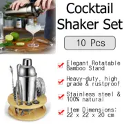 10Pcs Bartender Kit Stainless Steel Cocktail Shaker Set with Rotating Bamboo