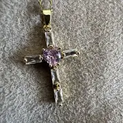 Titanium Steel Gold Cross With Pink Heart Cubic Zirconia Center Pendant Necklace