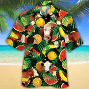 Cow hawaiian shirt for Men Women Hereford Cattle Lovers Tropical Fruits Hawaii