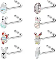 [ZS] 8Pcs Easter Egg Corkscrew Nose Rings Nose Studs L-Shape, 20G Stainless Steel Nose Screw Bone Easter Bunny Nostril Nose Piercing Jewelry for Women Men