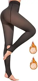 [Cavotor] Fleece Lined Tights for Women Thermal Tights Thick Warm High Waist Tummy Control Opaque Pantyhose (300g Fleece Stirrup-Translucent Black,L)
