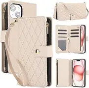 YocoverTech for iPhone 14 Plus Case,for iPhone 14 Plus Flip Case,6 Card Holders +1 Cash Slot Wallet Cover Magnetic Folio Closure Purse with Wristlet Crossbody Lanyard-Beige