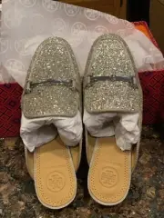 Tory Burch Amelia Backless Loafer Glitter Silver Size 5 NEW