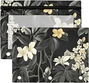 Elegant Botanical Art Black Large poucheses with Clear Window Rings folders with Pockets with Zipper Reinforced Grommets Binders 3 Rings School Class Office Organizers Multicolored 2 PCS