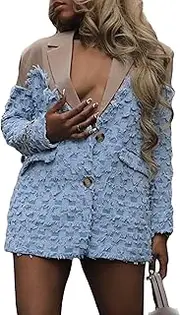 [NRTHYE] Women Denim Oversized Blazer Casual Plaid Color Block Patchwork Fringe Lapel Jean Suit Jackets