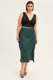 Green Polka Dot Midi Skirt Split Slip Satin