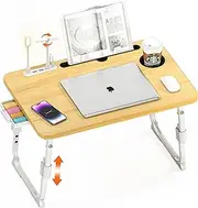 Laptop Bed Desk Height Adjustable, Bed Laptop Table with USB/Storage Drawer/Cup Holder/Tablet Stand/Book Shelf, Foldable Breakfast Tray Portable for Reading Writing, Bed, Sofa & Floor, Wood (Wood)