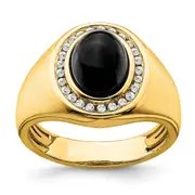 Solid 14k Yellow Gold Oval Simulated Onyx and CZ Mens Ring