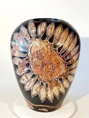 Hand Carved Wooden Vase Pyrography and Painting 10" tall by 7-1/2" Diameter