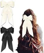 2pcs Big Bow Hair Clips, Large Black White Solid Color Bow Hair Barrette Clips, Bowknot Hairpin with Silky Long Ribbon, Hairpin for Womens and Girls