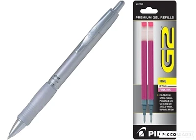 Pilot G2 Limited Metal Gel Pen 0.7mm Silver Barrel Pink Refills Office School