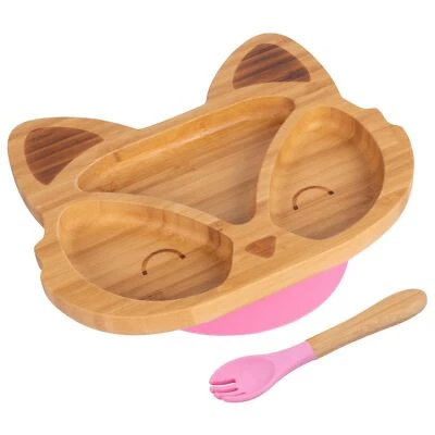 2pc Tiny Dining Pink Bamboo Fox Baby Weaning Plate & Fork Set with Suction