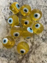 10 ROUND YELLOW EVIL EYE glass lamp work approx 12mm Beads- DIY Jewelry making