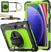 [SEYMAC stock] Case for Samsung Galaxy Tab S10 FE/S9/S9 FE 5G 2025/2023 with Screen Protector | Pencil Holder [360 Rotating Hand Strap] &Stand, Drop-Proof Case 10.9"/11'', Green+Black
