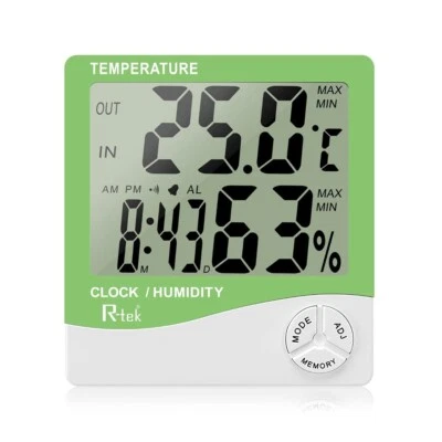 R-Tek Digital Hygrometer Thermometer for Humidity with Clock LCD Display