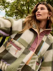 Green/Ecru/Orange Abstract Print Woven Mix Teddy Borg Fleece Popper Front Jacket (E32682) | $58