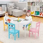 HONEY JOY Kids Table and 4 Chairs Set, 5 Pieces Activity Table Set, Durable Wooden Desk Furniture for Toddlers Dining, Drawing, Reading, Indoor Outdoor Desk & Chairs, Colorful