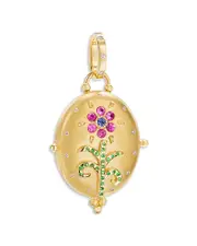 Temple St. Clair 18K Yellow Gold Fj Multi Gemstone & Diamond Flower & Stem Oval Locket