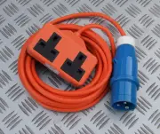 15 METRE 16 AMP MAINS HOOK-UP PLUG TO TWIN 13A SOCKET generator lead 240v ac 10m