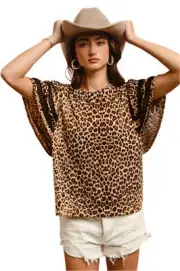 BiBi Leopard Crochet Trim Round Neck Short Sleeve Top