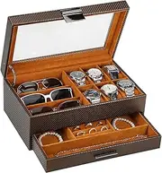 LANDICI Watch Box with 6 Slot 2 Layer Watch Case with Glass Lid Watch Display Case for Men Women,PU Leather Watch Storage Case Jewellery Box for Sunglasses Necklace Earring Ring, Coffee&Brown Stripes