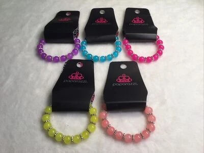 Kids Solid Multicolor With Silver Accent Bead 5pc Bracelet Set Paparazzi New