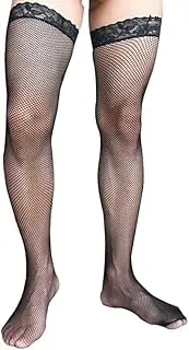 [Generic] Mens Fishnet Stockings Lace Top Legs Long Tube Transparent High Thigh Stocking, Black, One Size
