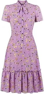 [YLDCN] Womens Skirts Wrap Skirt Bow Tie Print Midi Dresses Women Short Sleeve High Waist Ruffle Dress
