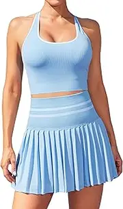[Attraco] 2 Piece Tennis Dresses for Women High Waisted Pleated Skirt Sets Seamless Colorblock Golf Outfits