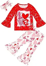 [DAKEIK] Toddler Valentines Day Outfit Girl Love Letter Print Red Long Sleeve Top Love Pattern Bell Pants 2 Piece Valentines Day Set