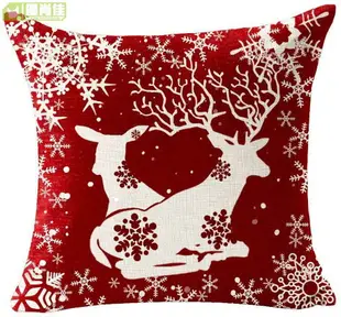 新款圣誕抱枕套 紅色字母麋鹿印花靠墊套亞麻靠枕