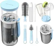 TechoEcho Baby Travel Essential Bottle Cleaner Kit with Silicone Bottle Brush，Built-in Snap-on Drying Rack，Silicone Nipple-Shaped Brush，2 Straw Brushes，Bottle Soap Dispenser，Bottle Warmer Bowl.(Blue)