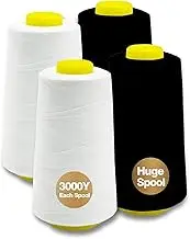 White Black Serger Thread, All-Purpose Thread for Sewing, Polyester, 4 Cones of 3000 Yards Each Spool for Sewing Machine
