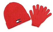 [Tommy Hilfiger] Boy's Fisherman Rib Cuff Hat and Gloves Set, Primary Red, 4-7, Primary Red, One Size