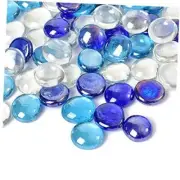 Flat Glass Marbles 1lb, 100PCS Mixed Color Blue Glass Beads for Vases Flat