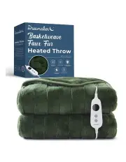 [Dreamaker] Basketweave Faux Fur Electric Heated Throw Blanket in Olive