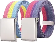 [YunYunStrap] Women Men Rainbow Canvas Web Belt Size Up to 71 inch with Flip Top Solid Matte Silver Military Buckle, 2 Pack