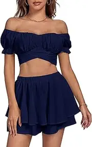 [Umenlele] Women's 2 Piece Outfits Off Shoulder Tie Back Crop Top and Layered Skirt Set
